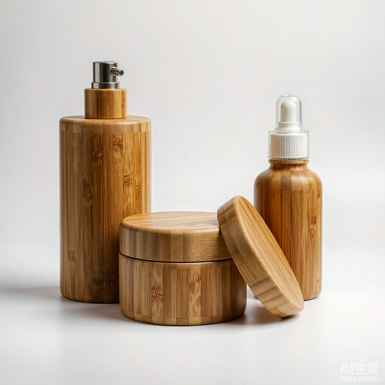 Bamboo Cosmetic Packaging Set — pump bottle, jar & dropper